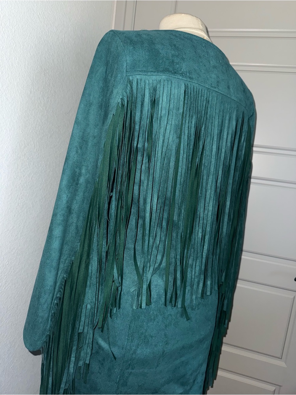 Boho Cowgirl Teal V-Neck Vegan Suede Fringe Mini Dress - Picture 7 of 15